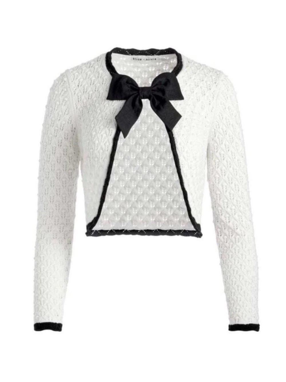 Alice + Olivia White Knit Cropped Cardigan with Black Bow Trim